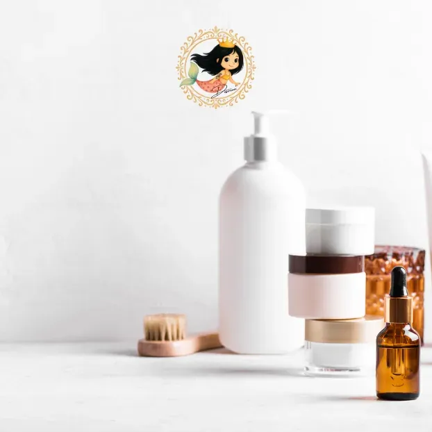 White cosmetic containers and dropper bottles on a pale background.