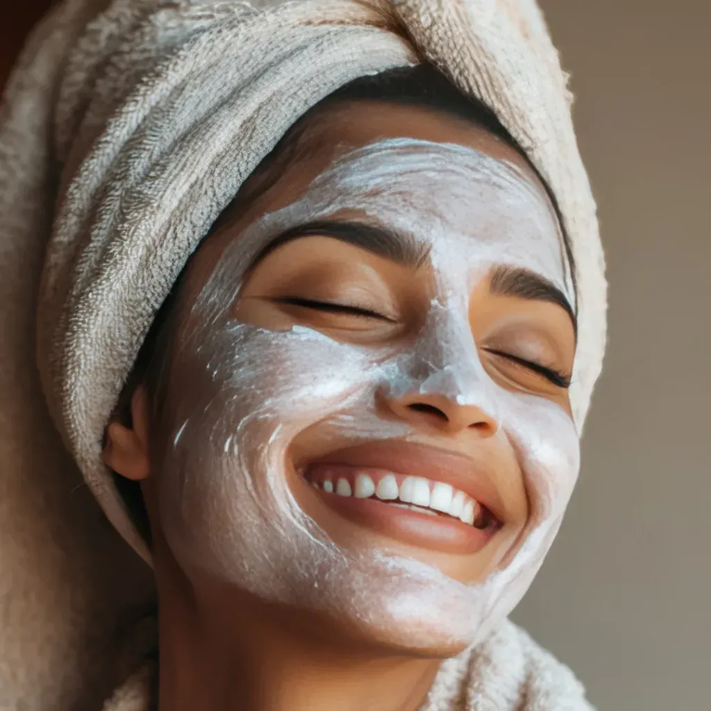 Mujer sonriente con mascarilla facial blanca y toalla en el cabello.